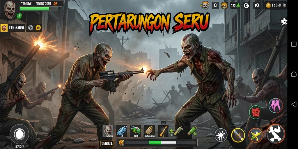 Screenshot utama 11BOLA menampilkan aksi seru menembak zombie.