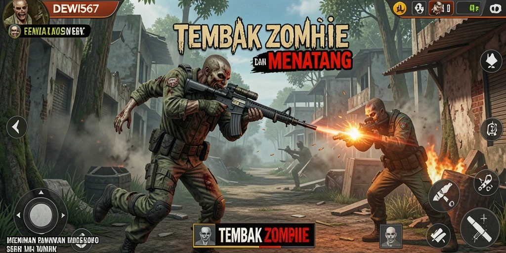 Antarmuka permainan <strong>DEWI567</strong> menampilkan misi tembak zombie yang intens.