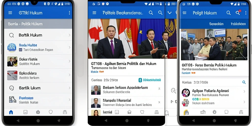 Antarmuka aplikasi GT108 menampilkan berita politik dan hukum terkini.