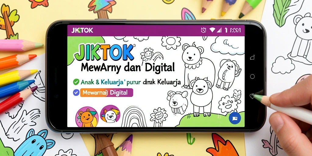 Tampilan antarmuka aplikasi JKTOK dengan berbagai gambar untuk diwarnai.